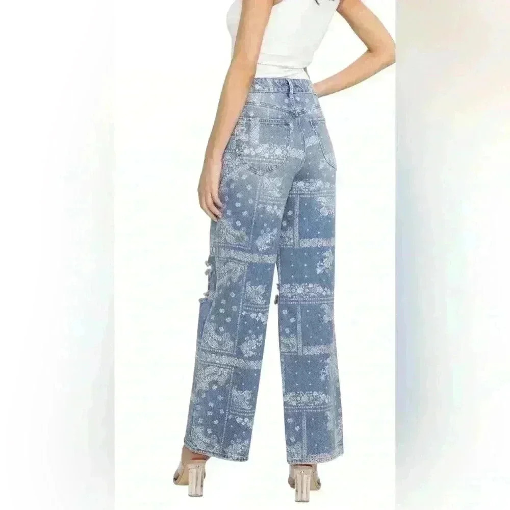 PTCL Hazel High Rise Wide Leg Jeans Bandana Patch Print Size 28 NWT - Picture 2 of 8